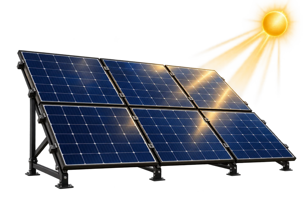 Conjunto de seis painéis solares recebendo luz do sol